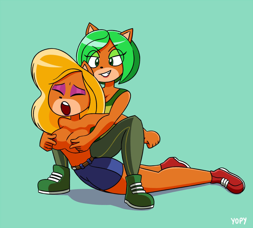 2girls ami_bandicoot anthro breasts clothed crash_(series) multiple_girls nipples no_shirt pants pinch pinching_nipples restrained tawna_bandicoot wrestling yopy yuri