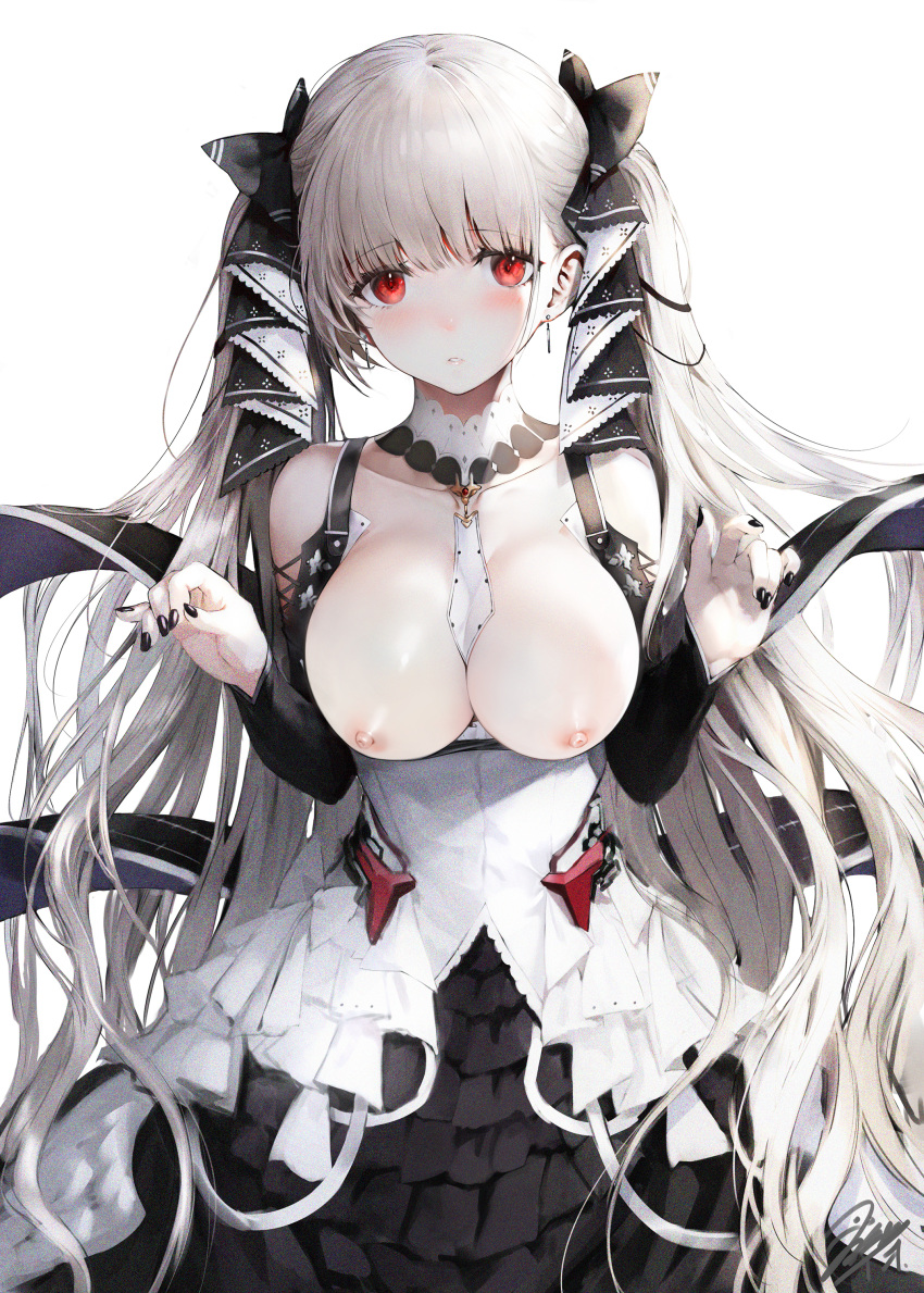 1girls azur_lane big_breasts black_nails bow breastless_clothes breastless_clothing collar dress exposed_breasts female female_focus female_only formidable_(azur_lane) hair_ornament hair_ribbon haori_iori highres large_breasts long_sleeves looking_at_viewer maid maid_outfit maid_uniform nipples open_mouth open_shirt red_eyes solo solo_female solo_focus topless_dress twintails white_hair