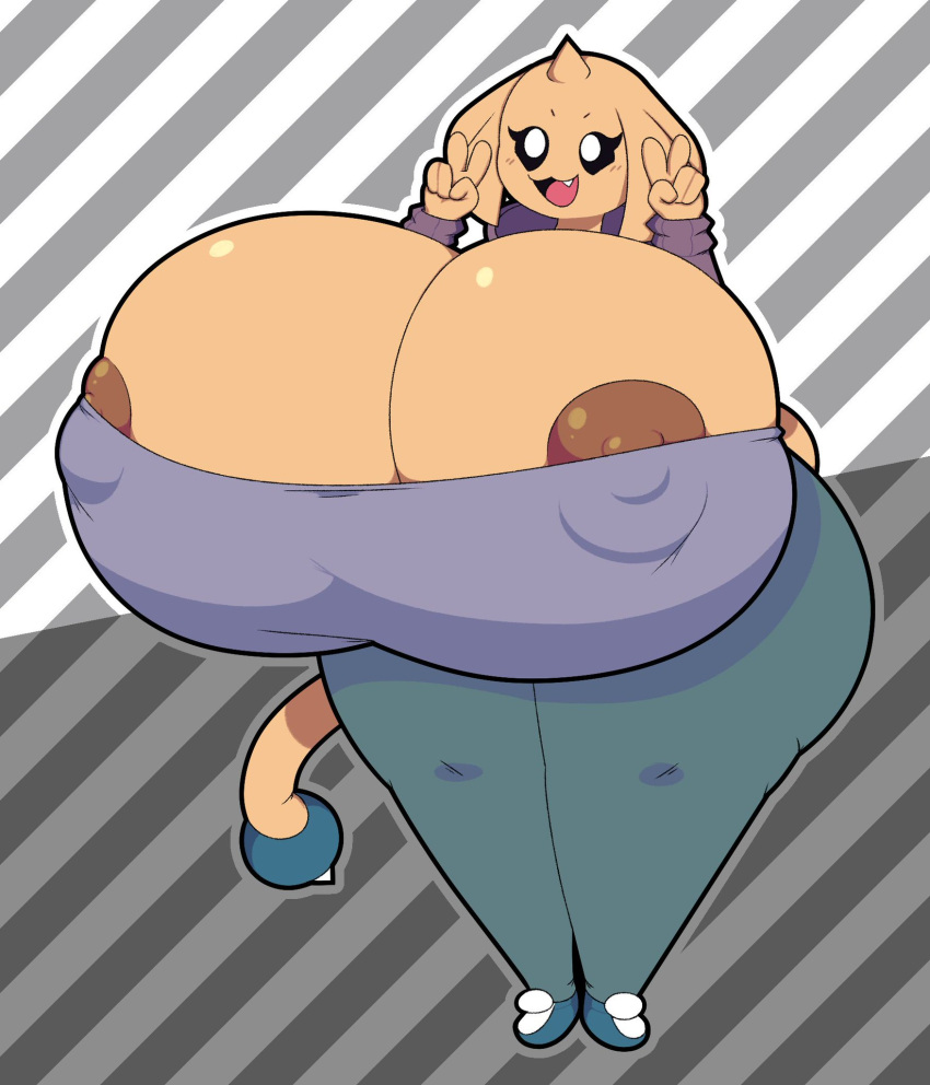 :3 anthro anthrofied big_breasts blush breasts cleavage clothed clothing dewbber female game_freak hi_res hitmontop huge_ass huge_breasts large_breasts nintendo nipple_bulge nipples peace_sign pokémon_(species) pokemon rule_63 simple_background simple_eyes simple_shading smiling solo solo_female standing tail thick_thighs wide_hips