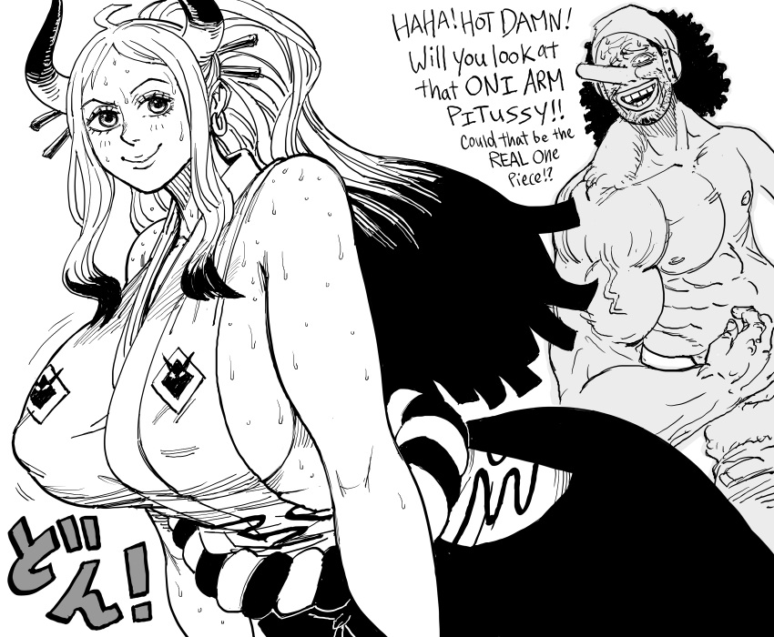 1boy 1girls armpit_fetish bb_(baalbuddy) clothing comedy comic coomer dialogue female funny horns huge_breasts male monochrome muscular muscular_male nipple_bulge one_piece sideboob text usopp yamato_(one_piece)