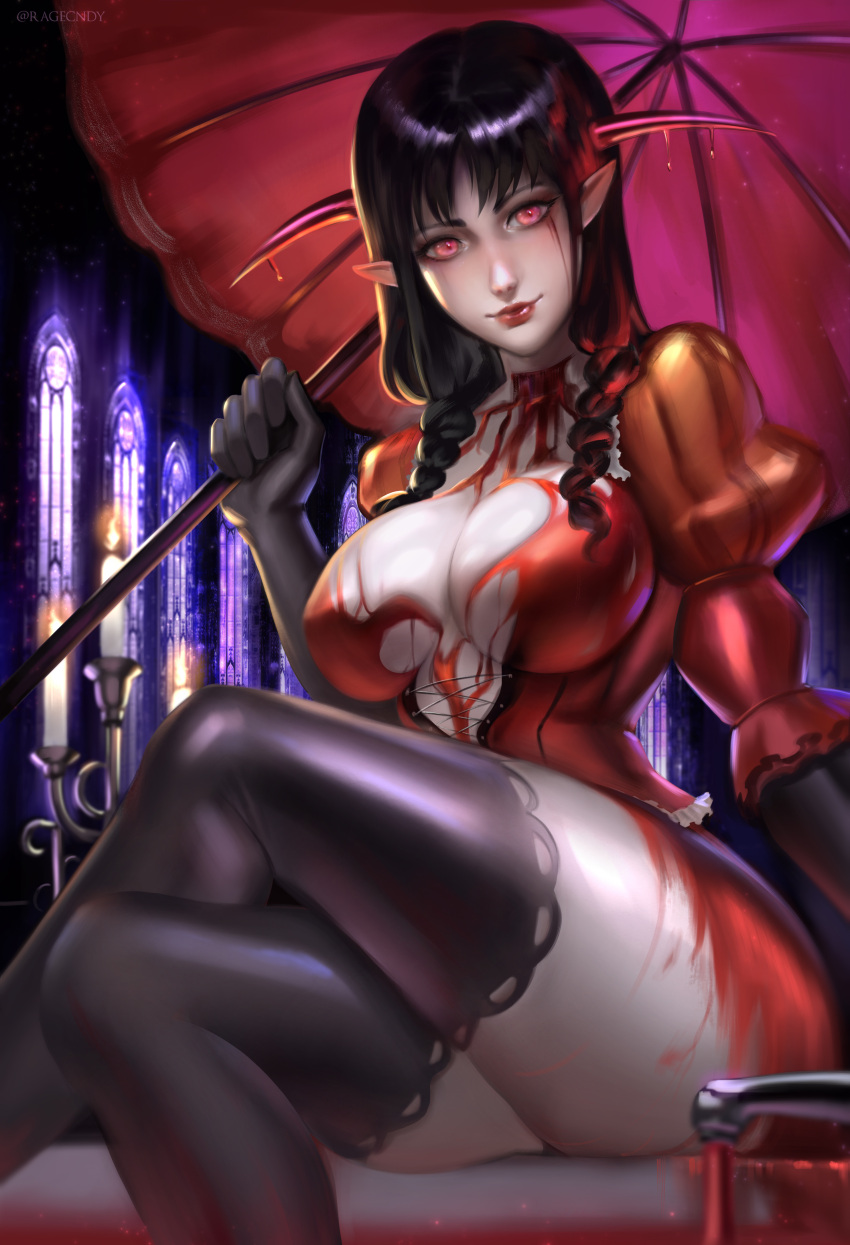 1girls absurdres black_hair blood bloodless bloodless_(bloodstained) bloodstained:_ritual_of_the_night bloody_clothes candle cleavage female highres horns impossible_clothes large_breasts lipstick makeup parasol ragecndy red_eyes shiny_skin sitting solo thighhighs umbrella vampire