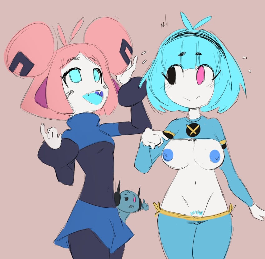 2girls bard-bot blue-chan clothed clothes_swap clothing clothing_swap female female_only multiple_girls nipple_slip standing vivi_(bard-bot)