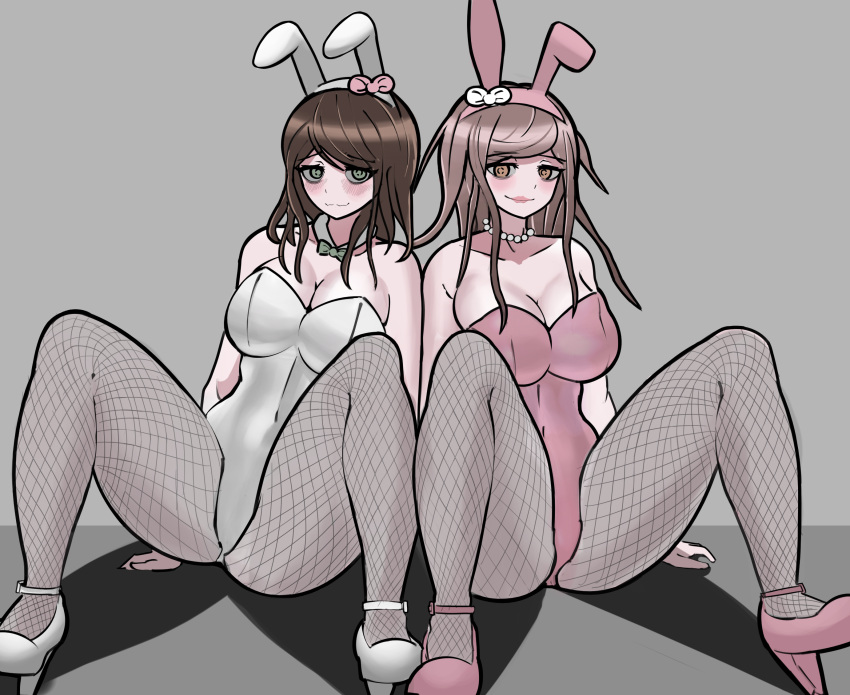 2girls brown_hair bunny_ears bunnysuit danganronpa fishnets hagakure_hiroko legs_spread long_hair looking_at_viewer makoto_and_komaru's_mother milf mrs._naegi multiple_girls pearl_necklace pink_hair smile spread_legs straight_hair trizzz