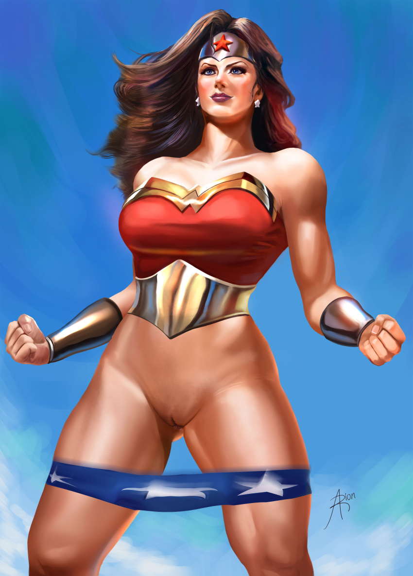 1girls arion69 blue_eyes bottomless brown_hair dc_comics diana_prince exposed_pussy panties_around_legs panties_around_thighs panties_down pussy shaved_pussy solo_female vagina wonder_woman wonder_woman_(series)