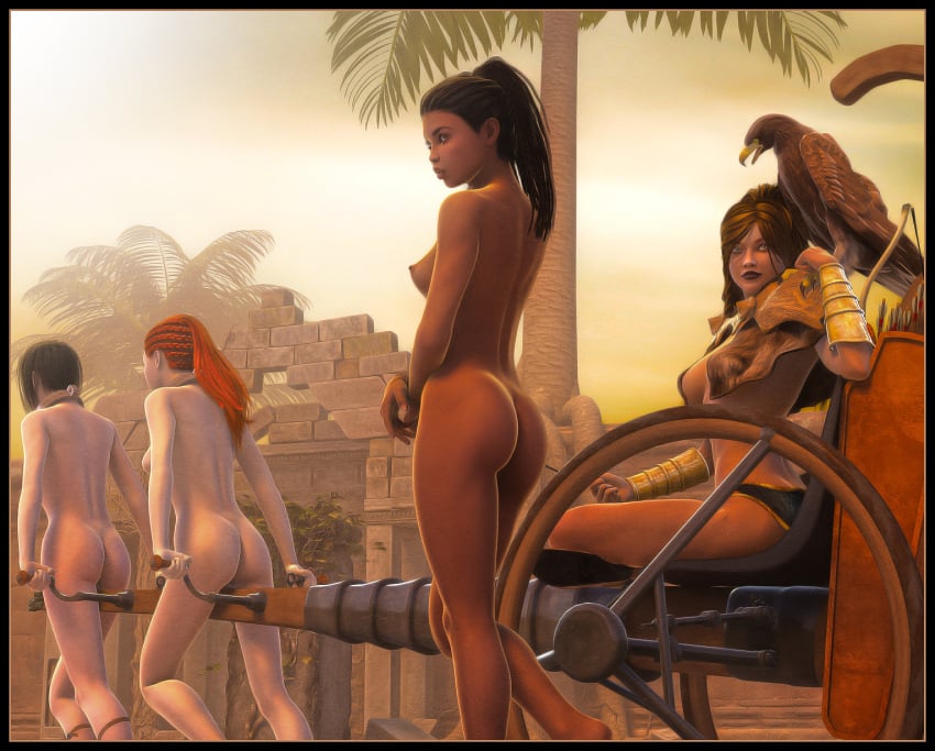 3d 4girls ass black_hair brown_hair bubble_butt chariot dark-skinned_female femdom femsub hawk ironhawk-r medium_breasts nude nude_female original original_characters public public_exposure public_nudity red_hair submissive_female voluptuous