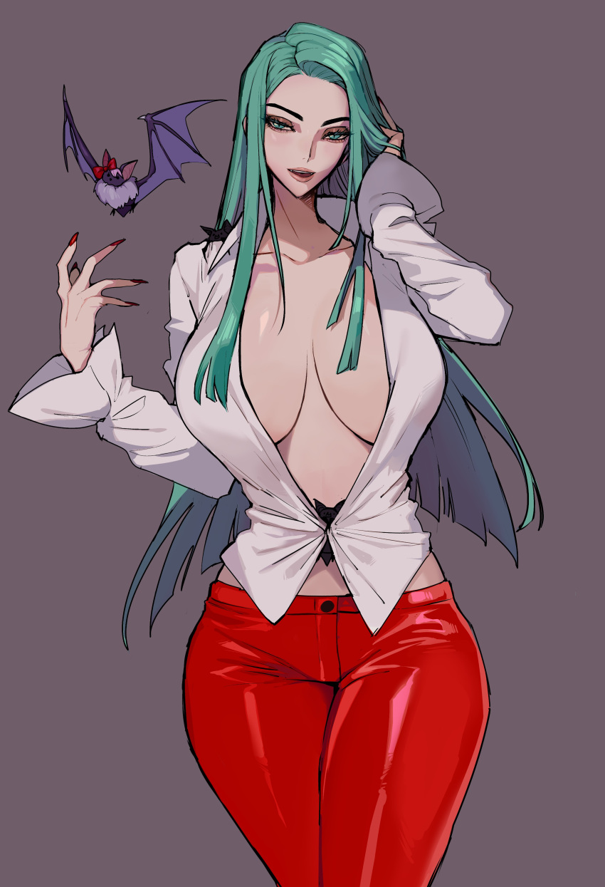 1girls absurd_res alternate_costume alternate_outfit bat big_breasts capcom cleavage clothed clothing darkstalkers ennuigrl female female_only green_eyes green_hair grey_background hand_on_hair huge_breasts large_breasts legs_together long_hair looking_at_viewer morrigan_aensland narrowed_eyes no_bra open_shirt pants red_fingernails seductive_look shirt solo solo_female succubus