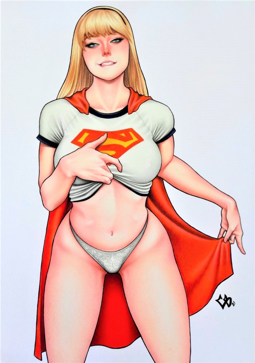 1girls 2d bangs big_breasts biting_lip blonde_hair blue_eyes cape chriscomicart dc dc_comics diadem ed_benes_studio female female_only kara_danvers kara_zor-el lifting_shirt looking_at_viewer naughty_face panties pinup pov_eye_contact showing_panties showing_pussy solo supergirl superhero superhero_costume superheroine superman_(series) thick_thighs white_panties