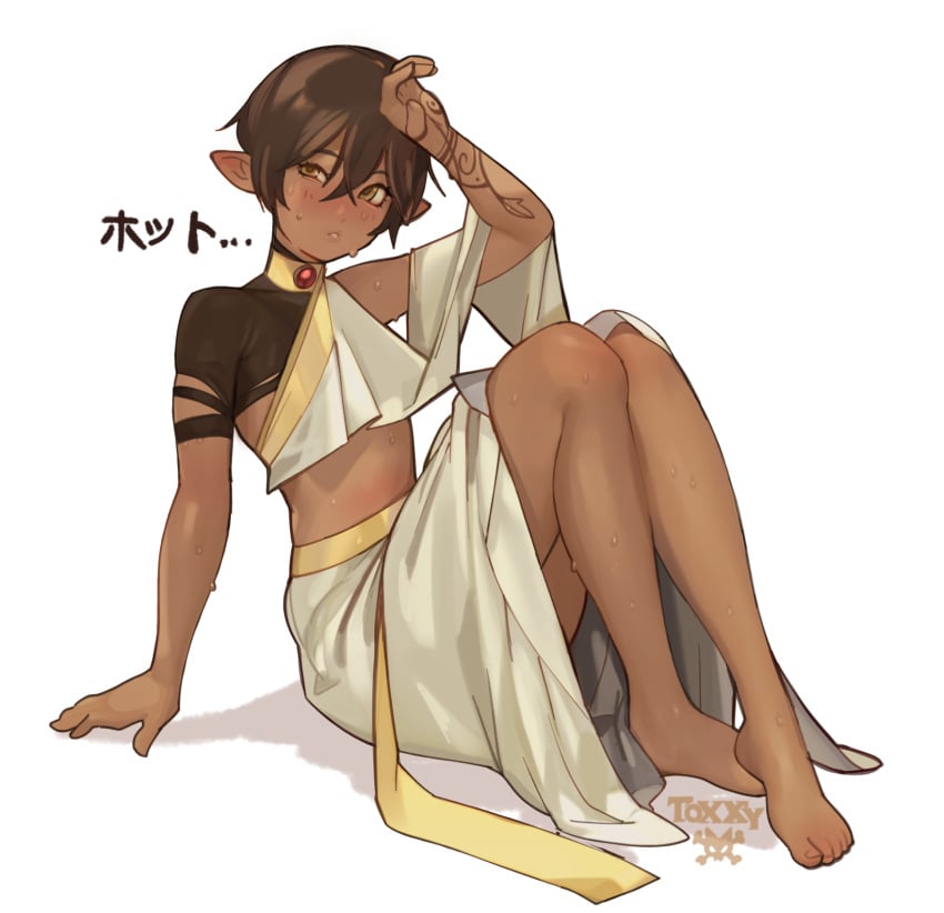 1boy blush brown_hair cute_male dark-skinned_femboy dark-skinned_male dark_skin elf feet femboy girly gold_collar hand_on_head japanese_text looking_away male male_only pointy_ears sitting solo sweat tattoo toxxy trap white_background yellow_eyes