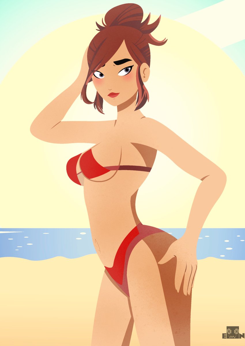 1girls beach bikini blue_eyes breasts brown_hair carmen_sandiego carmen_sandiego_(2019) edonova female lipstick ocean outdoors outside red_bikini red_bikini_bottom red_bikini_top sand short_hair solo water