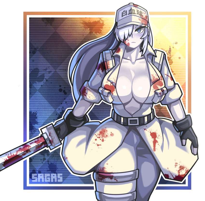 1girls 2021 big_breasts blue_eyes cleavage collarbone fingerless_gloves hataraku_saibou hataraku_saibou_black long_hair no_bra pale_skin sagas solo solo_female sword tagme thick_thighs u-1196 white_blood_cell_(hataraku_saibou) white_hair