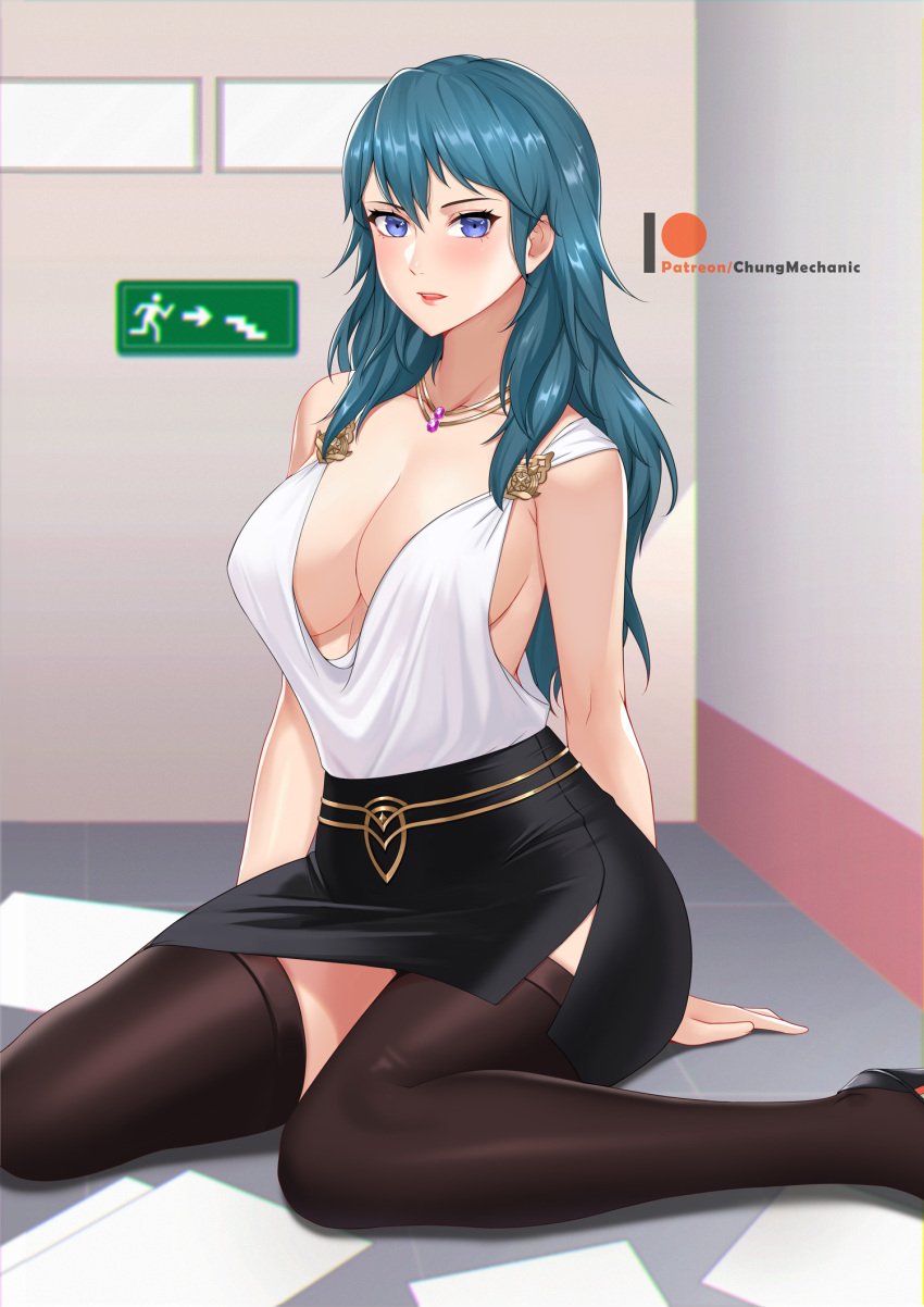 1girls black_legwear black_skirt black_stockings blouse blue_eyes breasts byleth_(fire_emblem) byleth_(fire_emblem)_(female) chungmechanic cleavage contemporary feet_out_of_frame female fire_emblem fire_emblem:_three_houses green_hair high_heels highres indoors jewelry large_breasts long_hair looking_at_viewer medium_hair necklace nintendo no_bra office_lady on_floor papers pencil_skirt plunging_neckline secretary sideboob sitting skirt solo solo_female stockings thighhighs tile_floor underboob wariza white_blouse white_shirt