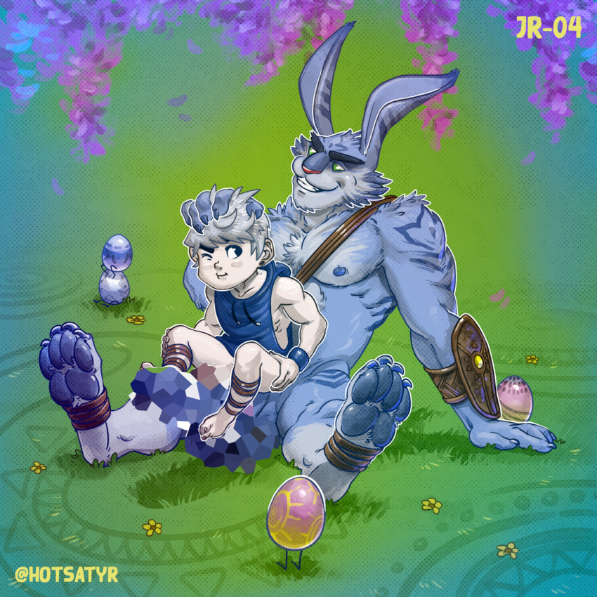 2boys age_difference anthro balls big_balls big_muscles boner bottomless_male bunnymund censored clothed clothed/nude clothing dreamworks duo easter easter_bunny easter_egg egg erect_nipples erection feet_on_penis gay genitals hand_on_head hare holidays hotsatyr huge_muscles human interspecies jack_frost_(rise_of_the_guardians) lagomorph leporid male male/male male_only mammal mosaic_censorship muscular_male nude older_male one_eye_closed pale-skinned_male penis penis_size_difference pixelated pointless_censoring rabbit rise_of_the_guardians sitting_on_balls sitting_on_lap sitting_on_penis sitting_on_person size_difference spread_legs yaoi young younger_male