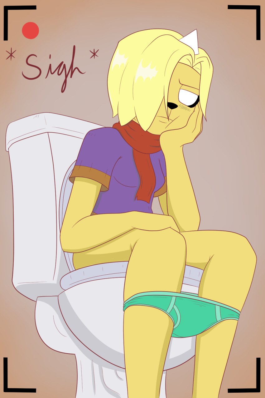 adventure_time anthro briefs bronwyn camera canid canine cartoon_network clothing female hi_res hybrid kamikiller mammal pantless rainicorn recording scarf shirt solo t-shirt toilet topwear underwear