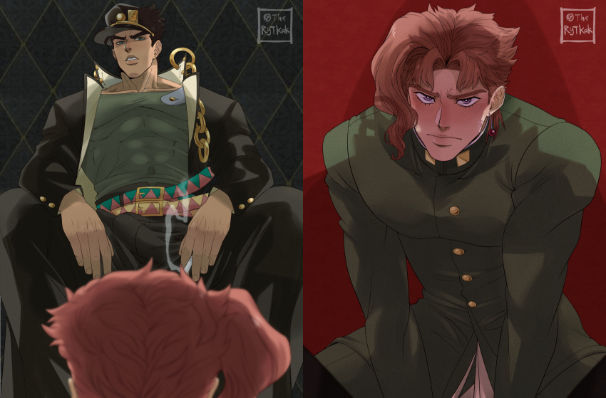 2boys boner_in_pants cigarette clothed clothing humiliation jojo's_bizarre_adventure jotaro_kujo kneeling male_only muscular_male noriaki_kakyoin stardust_crusaders submission therytkak yaoi