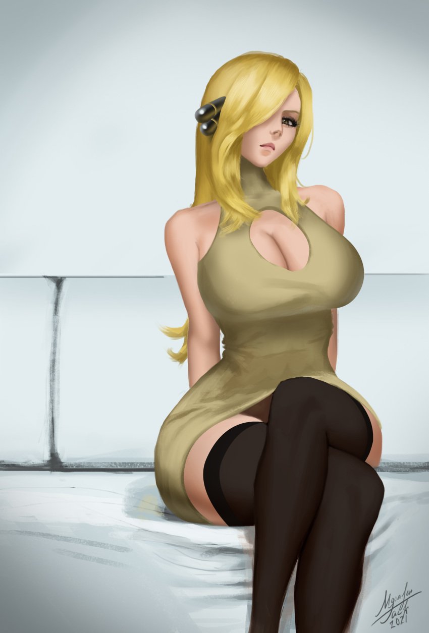 1girls alternate_breast_size big_breasts blonde blonde_female blonde_hair breasts cleavage_cutout crossed_legs curvy_figure cynthia_(pokemon) eye_contact female fully_clothed hair_ornament huge_breasts looking_at_viewer mature_female moonlen-jack nintendo pokémon pokemon pokemon_champion pokemon_dppt sitting solo solo_female thick_thighs