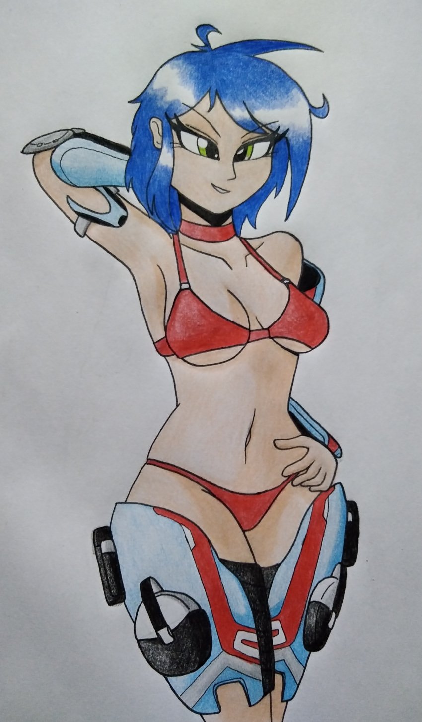 armor blue_hair bra breasts cleavage collarbone drawn green_eyes half-dressed halo halo_(series) halo_5 hand_behind_head hand_on_hip medium_breasts navel panties underboob underwear useless_armor