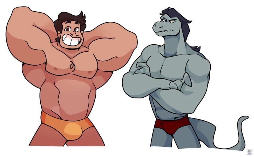 2boys bara biceps big_bulge big_muscles big_pecs black_hair brown_eyes brown_hair bulge chest_hair clothing dark-skinned_male dark_skin facial_hair flexing gay lizard long_hair male male_only muscle muscles muscular muscular_arms muscular_male nipples pecs rafael_diaz reptile smile star_vs_the_forces_of_evil tail tehbluebubble toffee_(svtfoe) triceps underwear white_background