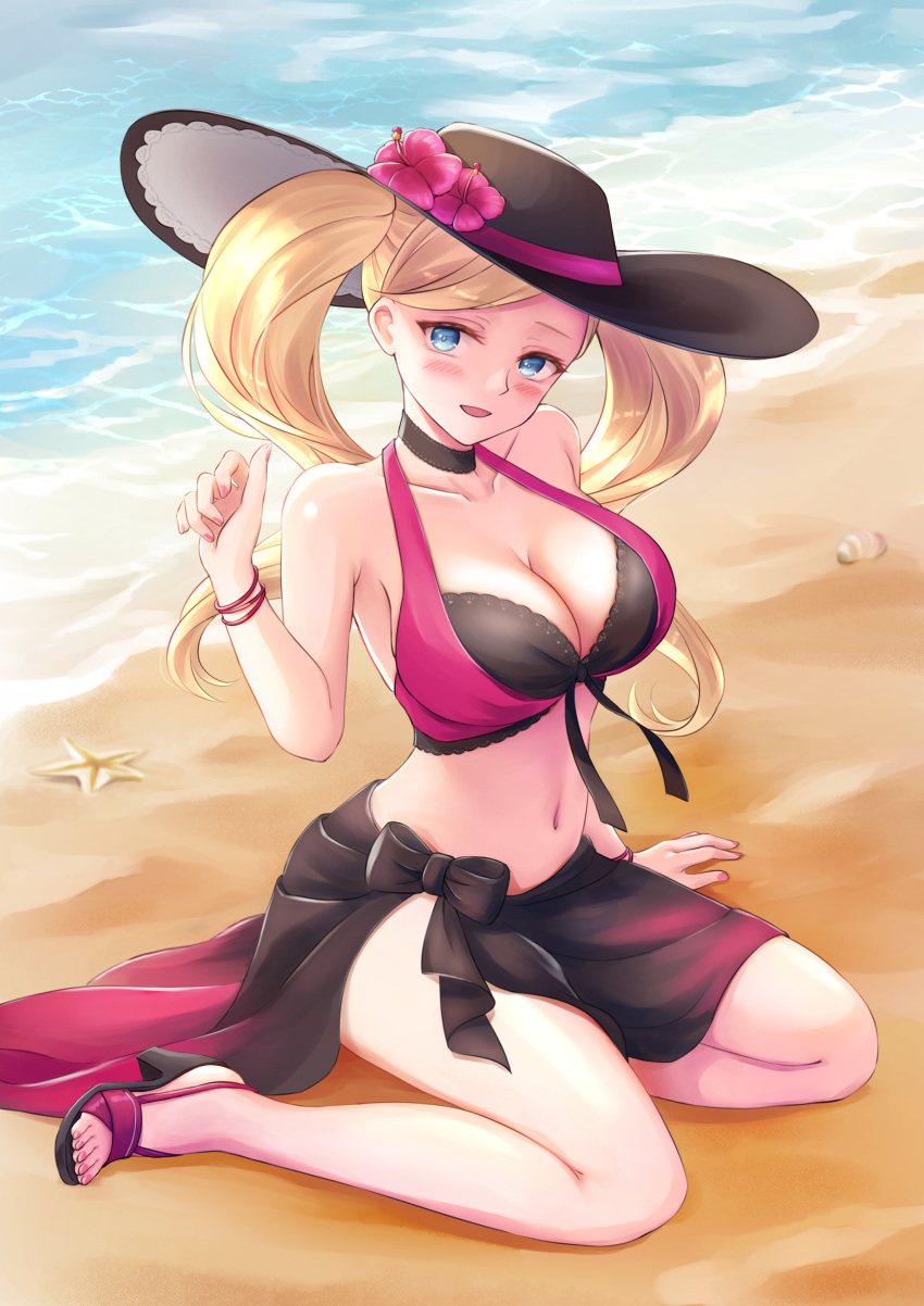 1girls alternate_costume ann_takamaki beach big_breasts bikini black_bikini black_swimsuit blonde_hair blue_eyes blush cleavage cosplay dorothea_arnault_(cosplay) dorothea_arnault_(summer)_(cosplay) feet fire_emblem fire_emblem:_three_houses fire_emblem_heroes hat high_heels looking_at_viewer painted_nails persona persona_5 purple_bikini purple_swimsuit red_bikini sand sandals sarong sebu_illust smile swimsuit thighs toes twintails water