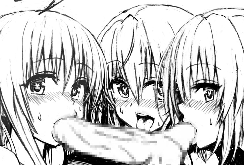 blush censored fellatio fuchi_(touo) heart-shaped_pupils lala_satalin_deviluke looking_at_viewer momo_velia_deviluke mosaic_censoring nana_asta_deviluke oral oral_sex penis siblings sisters to_love-ru to_love-ru_darkness