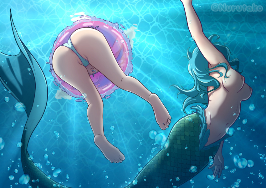 ass bikini blue_hair breasts bubble clothed clothing detailed_background duo female fin green_body green_scales hair human humanoid long_hair mammal marine merfolk monster_girl_(genre) navel nipples nurutako scales swim_ring swimming swimwear tail_fin topless underwater water