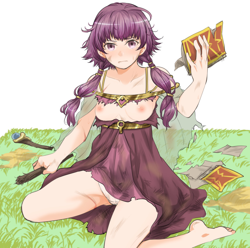 1girls bare_shoulders bare_thighs book breasts breasts_out dirty exposed_breasts fire_emblem fire_emblem:_the_sacred_stones hosshi_(nariagari) injury kneeling long_hair lute_(fire_emblem) medium_breasts nintendo nipples panties pantyshot purple_eyes purple_hair scar shimura_(hosshi) small_breasts solo solo_female staff white_panties