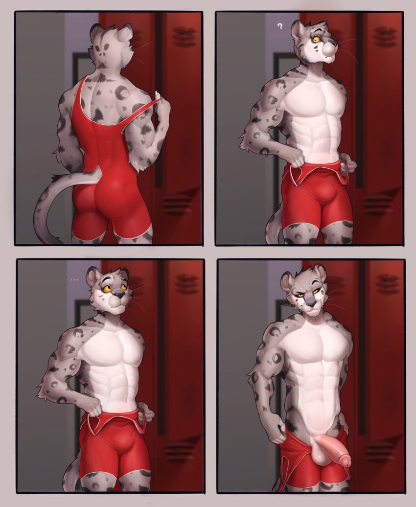 1boy absurd_res anthro ass balls bedroom_eyes bulge casual_exposure clothing felid fur genitals hi_res locker_room looking_at_viewer male male_only mammal meheheehehe narrowed_eyes original_character pantherine penis presenting presenting_penis seductive snow_leopard solo tight_clothing undressing unitard white_body white_fur yellow_eyes