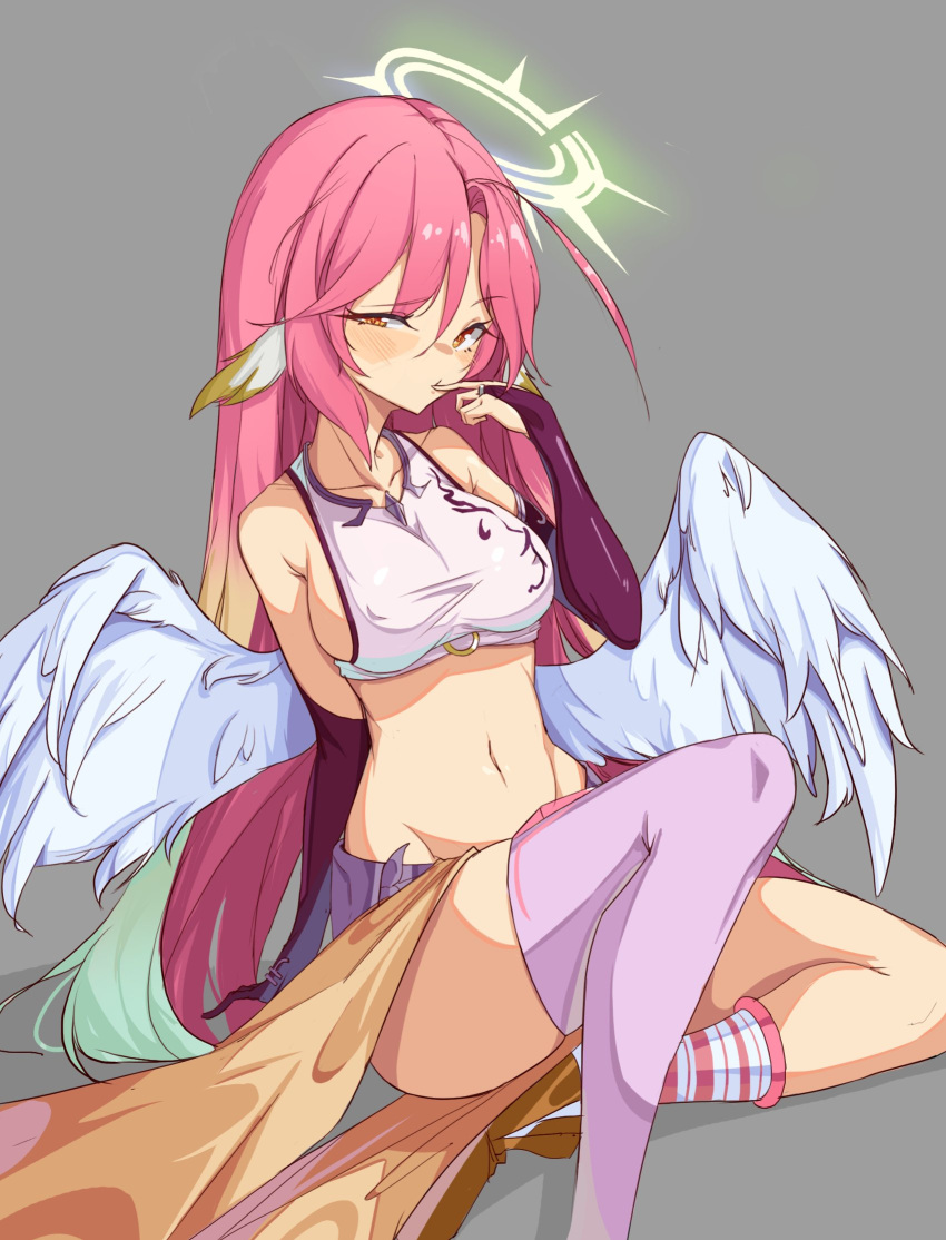 1girls angel angel_wings belly blush finger_in_mouth jibril_(no_game_no_life) kkrazyyyy1 medium_breasts no_game_no_life pink_hair pointy_breasts thighs wings