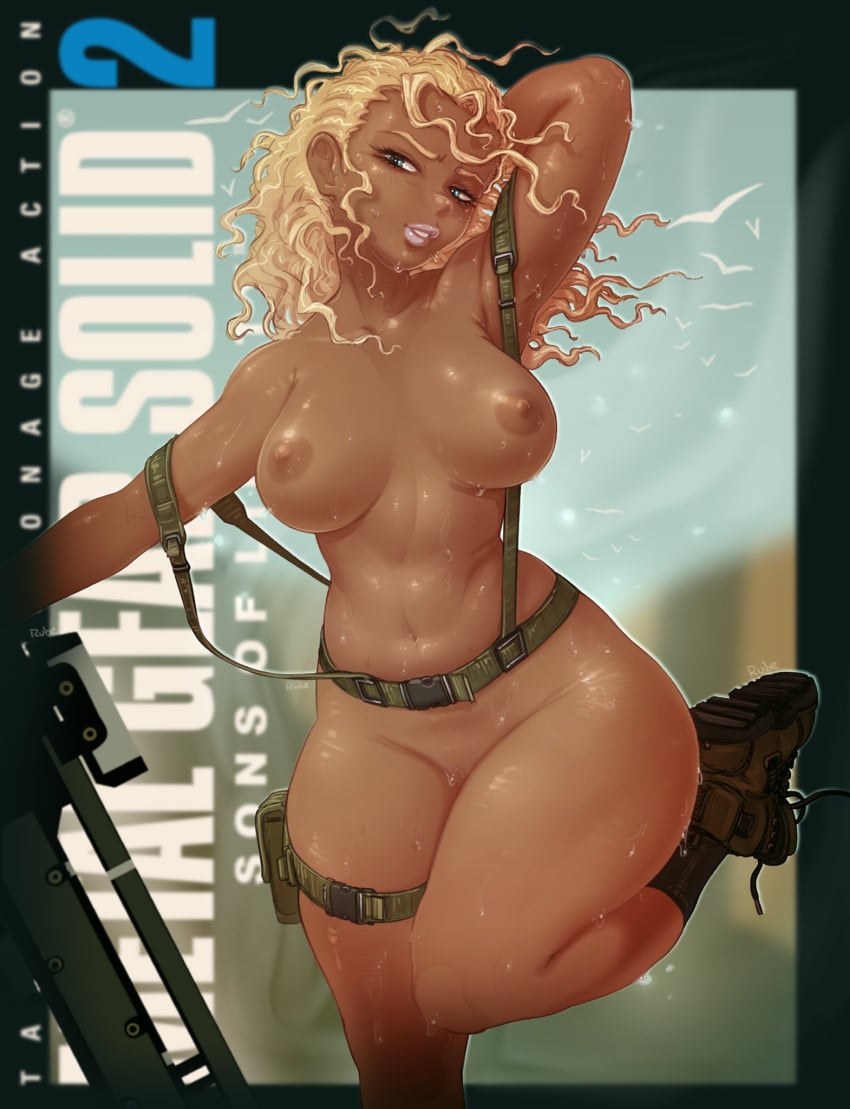 1girls areolae arm_behind_head bent_leg blonde_hair blue_eyes breasts dark-skinned_female dark_skin female female_only fortune_(mgs2) gun hi_res justrube konami long_hair looking_at_viewer metal_gear_solid metal_gear_solid_2 narrowed_eyes nipples nude nude_female railgun rube smiling smiling_at_viewer solo standing_on_one_leg thick_thighs wet_skin