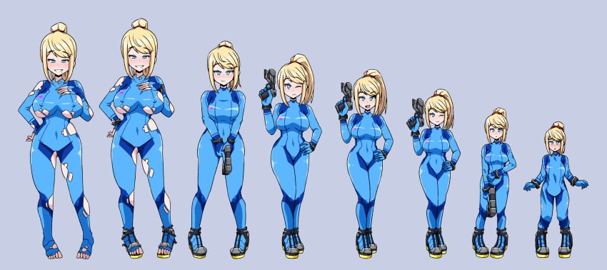 2021 age_regression aged_down big_breasts blonde_hair blue_eyes blush bodysuit breast_expansion growing grown_up growth high_heels inksgirls metroid nintendo samus_aran shrink shrinking size_transformation tagme torn_clothes transformation zero_suit zero_suit_samus