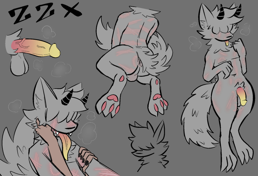 anthro balls canid canine canis fur genitals grey_background grey_body grey_fur hi_res horn humanoid_genitalia long_nails male male_only mammal multicolored_genitals scratches simple_background solo wolf zzx