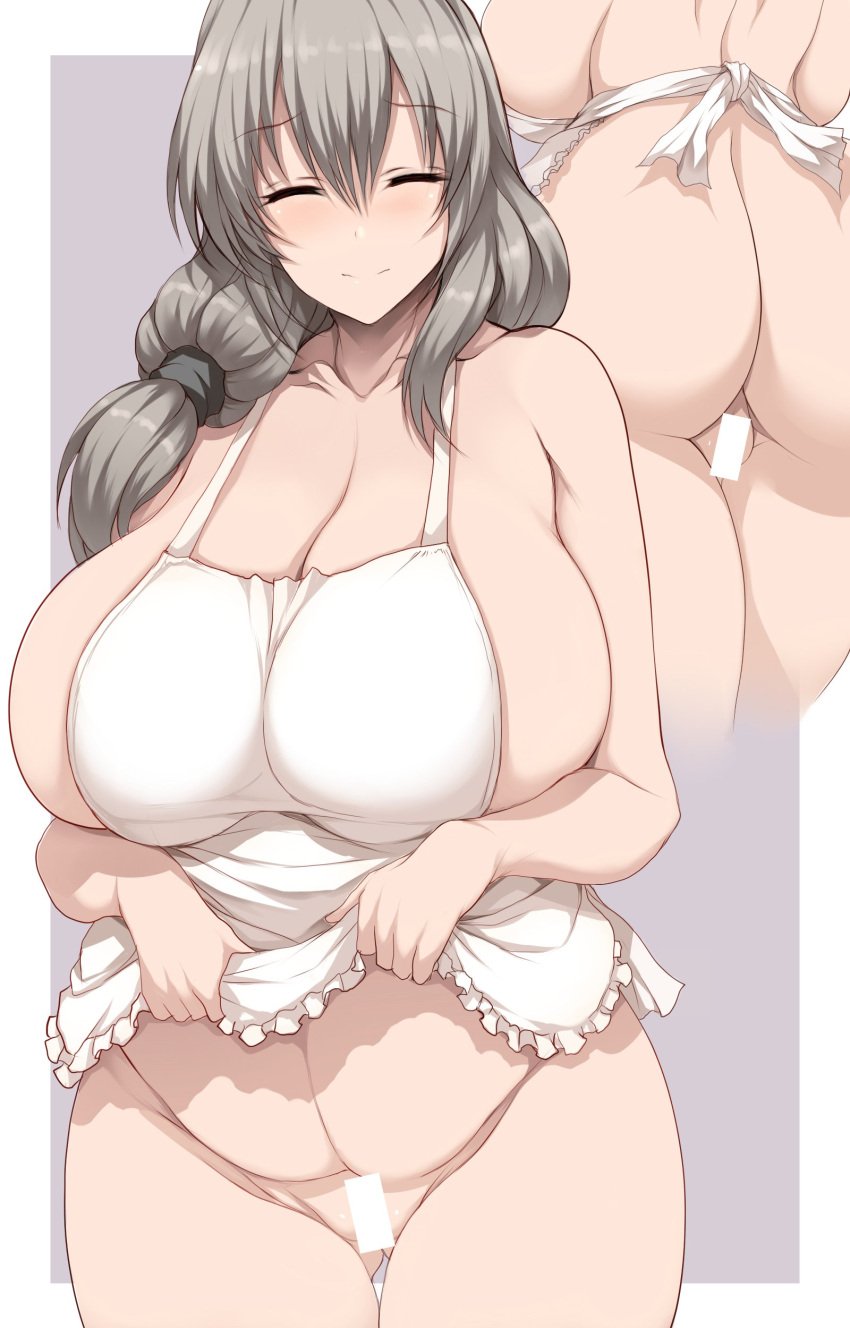 1girls apron ass big_breasts blush breasts breasts_bigger_than_head censor_bar closed_eyes eyebrows_visible_through_hair female female_focus female_only grey_hair hourglass_figure huge_breasts large_breasts long_hair milf naked_apron simple_background solo solo_female solo_focus thick_thighs tsukasawa_takamatsu uzaki-chan_wa_asobitai! uzaki_tsuki voluptuous