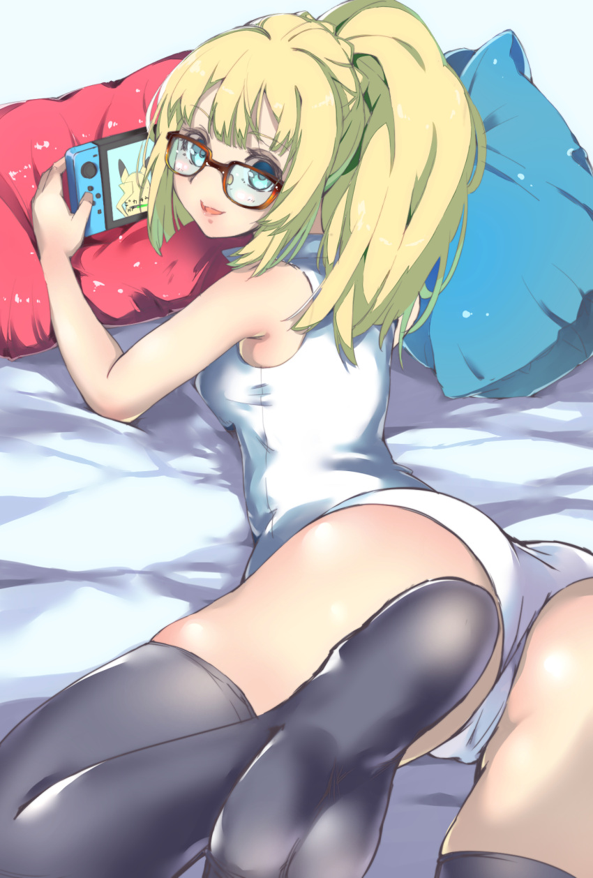 1girls ass bespectacled blonde_hair clothed clothed_female female female_only glasses human human_female kobo_(cobo_0609) lillie_(pokemon) looking_at_viewer looking_back mostly_clothed mostly_clothed_female panties pokemon pokemon_sm ponytail sleeveless stockings