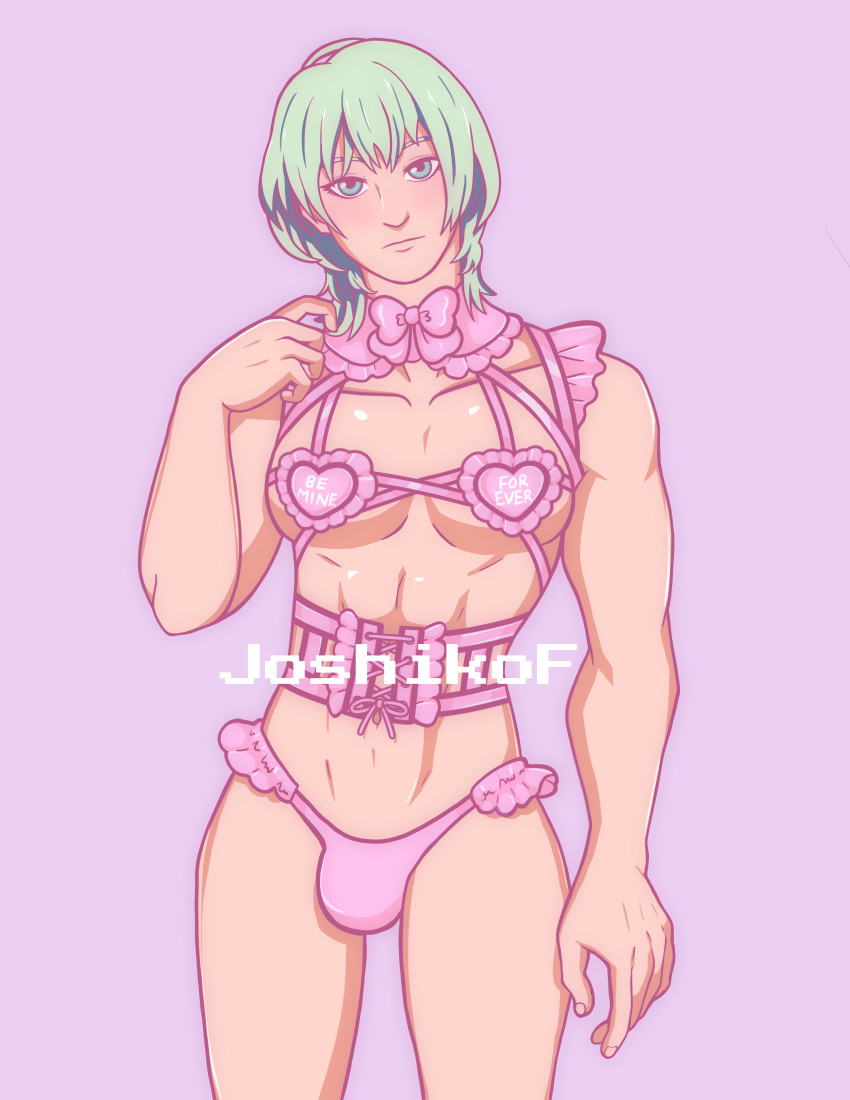 1boy artist_name bow breasts bulge byleth_(fire_emblem) byleth_(fire_emblem)_(male) closed_mouth cowboy_shot fire_emblem fire_emblem:_three_houses green_eyes green_hair highres joshikof lavender_background lingerie looking_at_viewer male_only medium_breasts medium_hair muscular muscular_male nintendo panties pectorals pink_background pink_bow pink_panties simple_background solo solo_male underwear