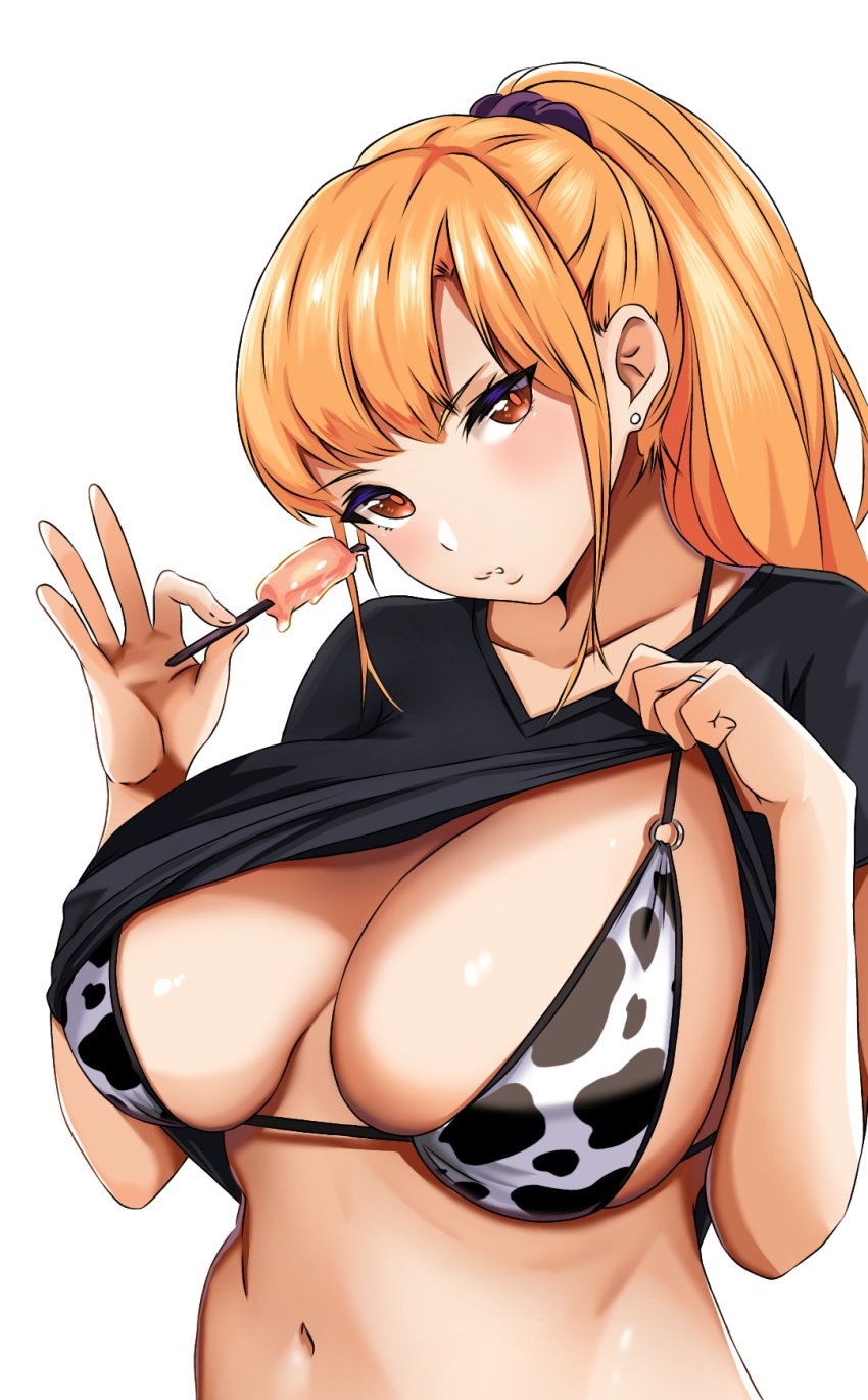 ane_wa_yanmama_junyuuchuu_in_jikka belly big_breasts bikini bikini_top black_shirt blonde_hair breasts collarbone covered_nipples cow_print cow_print_bikini ear_ring earrings eyebrows food holding_object ice_cream milf navel orange_eyes orange_hair ponytail presenting presenting_breasts ring sano_aika scrunchie shiny_skin shirt shirt_lift shirt_up shokan_(artist) stomach stud_earrings topwear topwear_lift upper_body wedding_ring