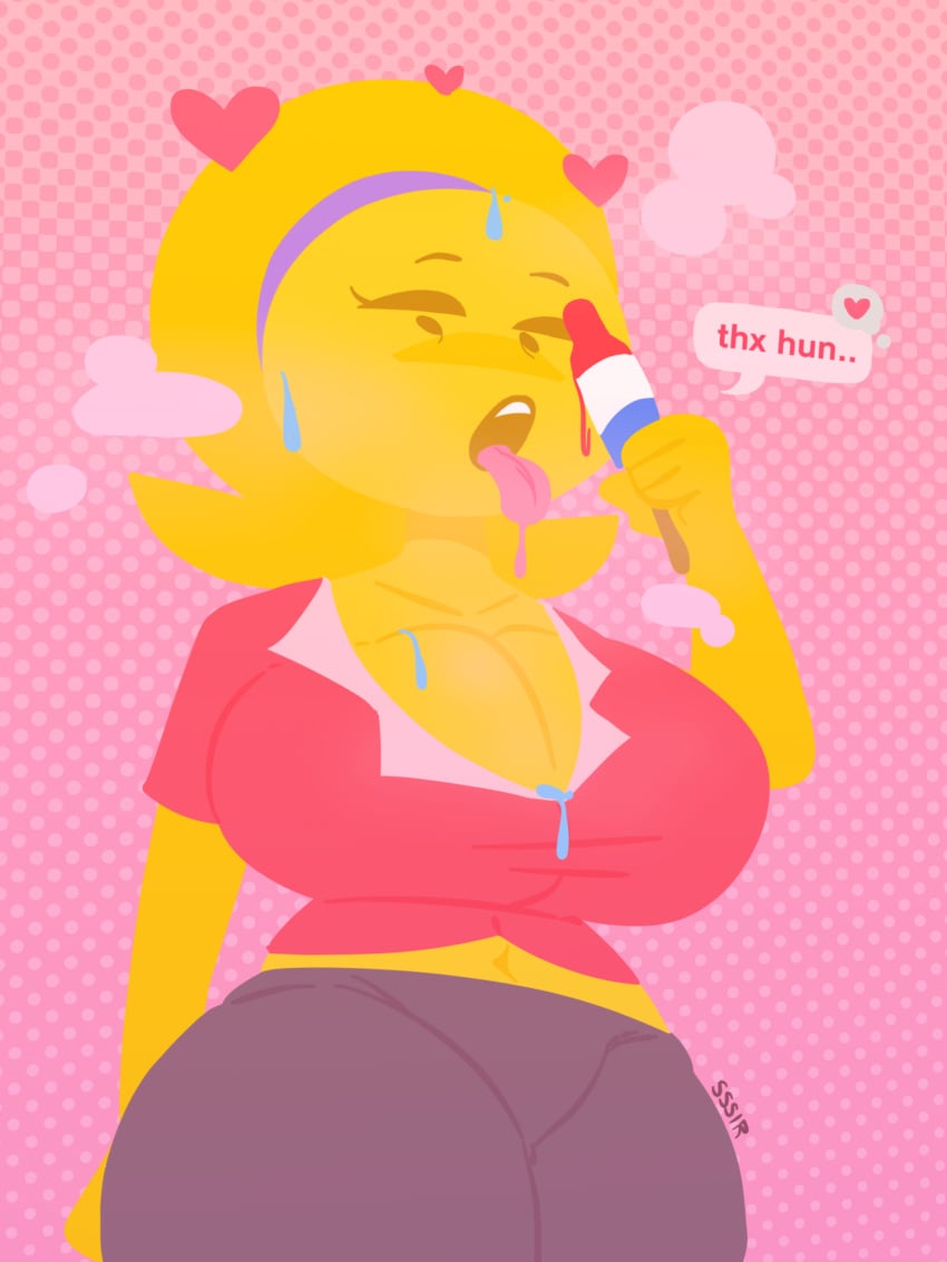 anthro belly_button big_breasts breasts emoji_(race) emoji_milf emojifam_(sssir8) female female_only huge_breasts large_breasts licking_popsicle mature mature_female milf mob_face mother navel no_outlines popsicle sexually_suggestive slobbyslapper sssir sssir8 steam sweat text thick_thighs tight_clothing tight_pants tight_shirt top_heavy wide_hips yellow_body yellow_hair yellow_skin