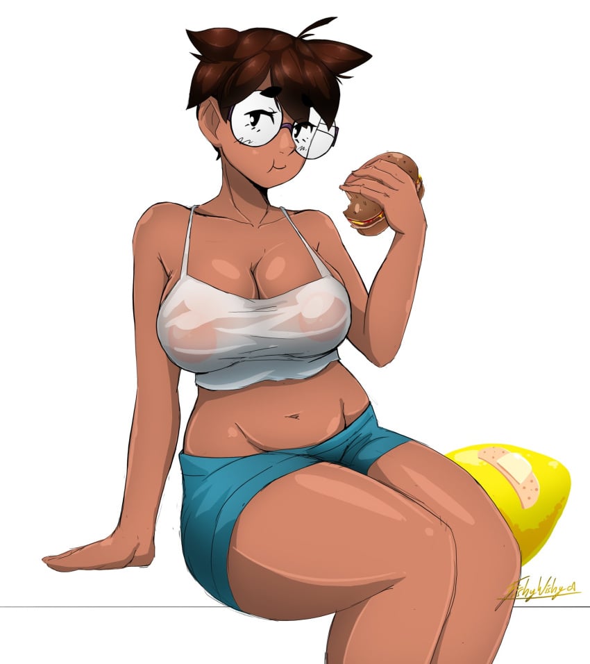 1girls anya_(yellowroom) bandage belly big_breasts breasts brown_hair cleavage color dark-skinned_female dark_skin eating eyewear female female_focus female_only fishywishy food glasses mob_face navel no_bra round_glasses sandwich see-through see-through_clothing short_hair short_shorts shorts sitting tagme tank_top thick_thighs thighs tomboy very_short_hair white_background white_undershirt