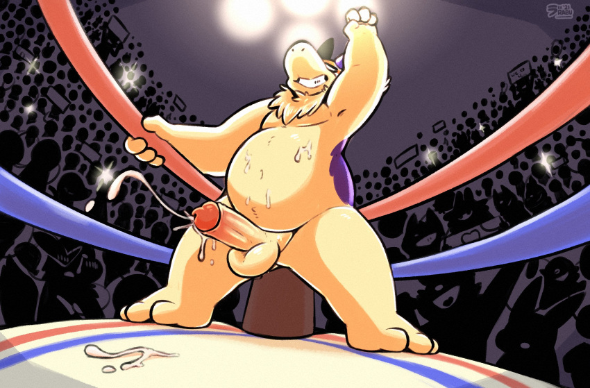 anthro balls bodily_fluids bulge crowd cum ejaculation erection fighting_ring genital_fluids genitals group hi_res male male_only mask nintendo nude overweight overweight_male penis pokemon pokemon_(species) raburigaron slightly_chubby solo sports_mask sportswear standing typhlosion video_games wrestling_mask