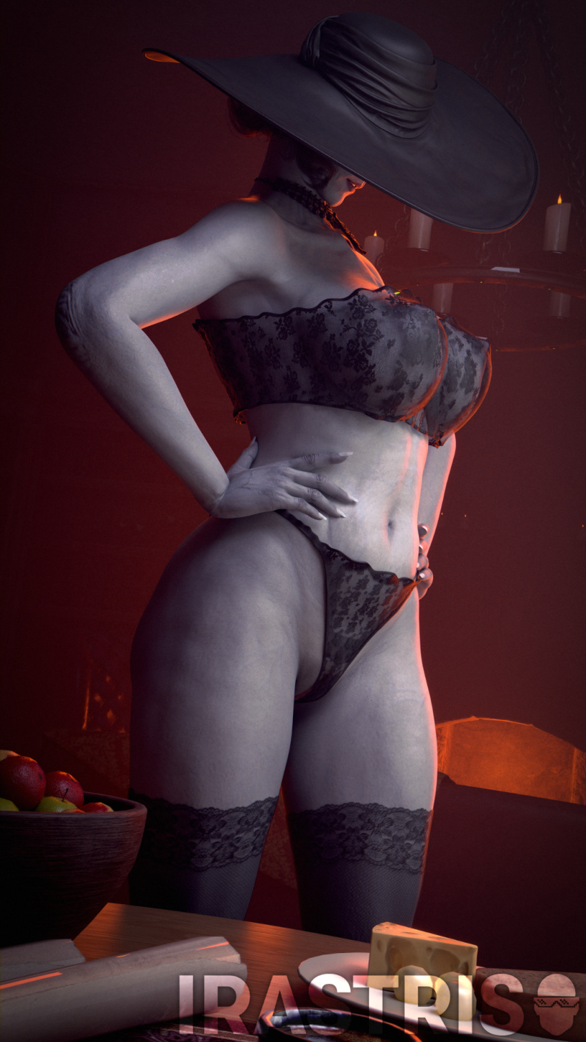 3d alcina_dimitrescu bra breasts female irastris lingerie panties pussy resident_evil resident_evil_8:_village solo thighhighs