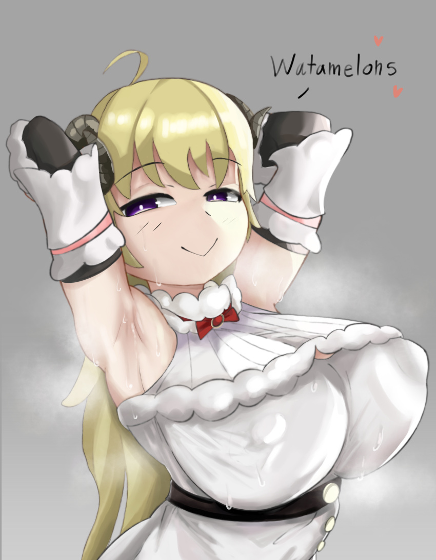 1girls armpits arms_behind_back arms_up bangs belt big_breasts blonde_hair bowtie buttons clothed clothing eyes_half_open fluffy holoforce hololive hololive_japan horns large_breasts purple_eyes sheep shiny_hair shiny_skin smug sunzo05 sweat sweatdrop sweaty_armpits sweaty_breasts tsunomaki_watame virtual_youtuber voutake09 white_clothing