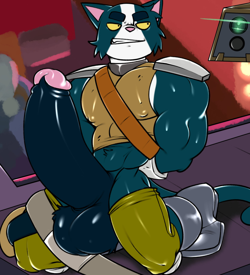 absurd_res anthro artisticwolfie avocato balls big_balls big_penis blue_body blue_fur clothed clothing domestic_cat erection felid feline felis final_space fur genitals hands_behind_back hi_res huge_balls huge_cock hyper hyper_genitalia hyper_penis kneeling male male_only mammal muscular muscular_anthro muscular_male pants_down partially_clothed penis shoulder_pads solo tsukielewds yellow_eyes