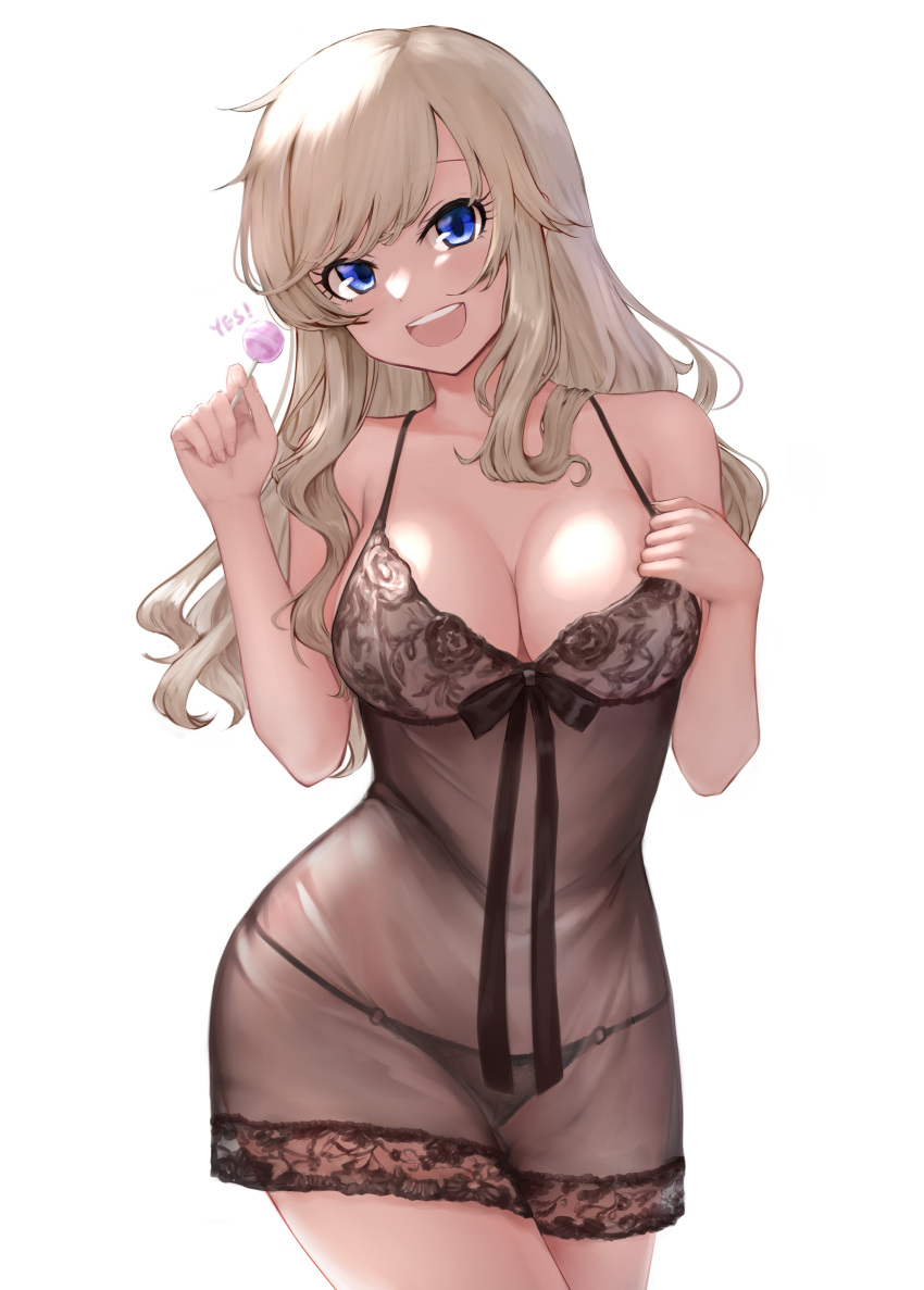 1girls absurdres bangs bare_arms bare_shoulders black_panties blonde_hair blue_eyes blush breasts candy cleavage collarbone cowboy_shot english_text female female_only food hand_on_own_chest happy head_tilt highres holding holding_food idolmaster idolmaster_cinderella_girls lamp_p9 large_breasts lingerie lollipop long_hair looking_at_viewer navel negligee o-ring o-ring_bottom o-ring_panties ootsuki_yui open_mouth panties round_teeth see-through simple_background smile solo solo_female swept_bangs teeth underwear underwear_only upper_teeth white_background