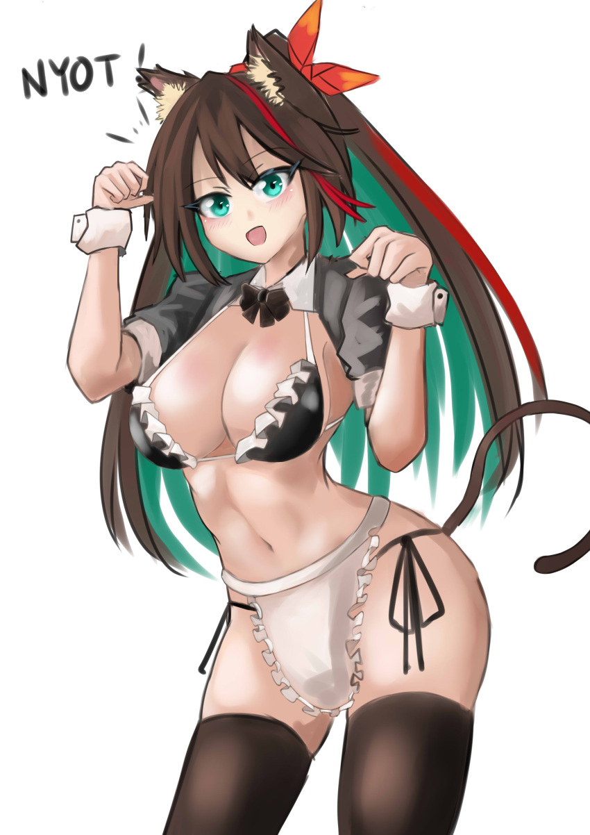 big_breasts brown_hair cat_ears cat_tail cleavage etna_crimson green_eyes green_hair long_hair maid_outfit nekomimi nijisanji nijisanji_indonesia shinkardia thighhighs virtual_youtuber