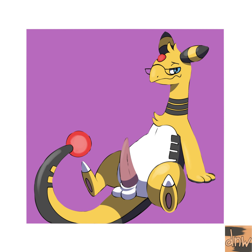 ampharos balls big_tail eyewear feral genitals glasses hi_res male male_only nintendo penis pokémon_(species) pokemon pokemon_(species) reallydarkandwindie shy simple_background sitting solo solo_male video_games