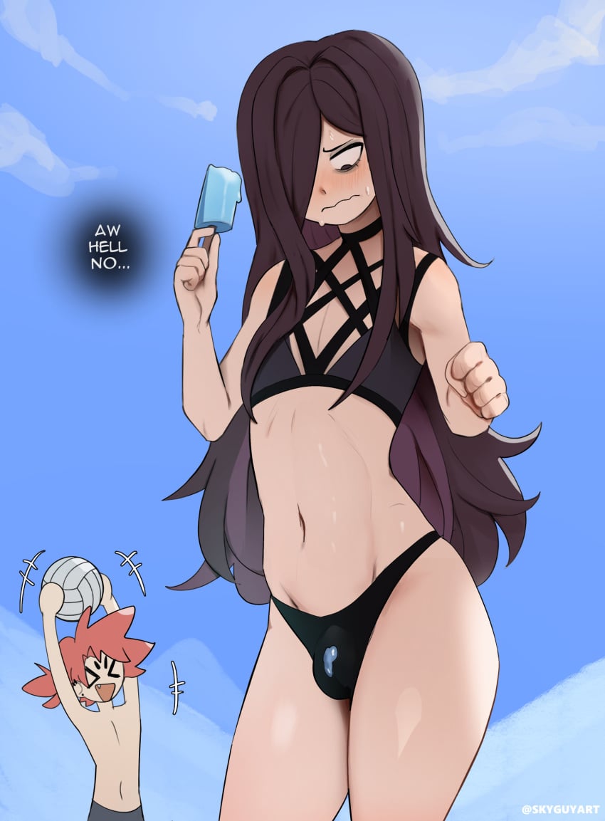 2boys ass bikini blue_sky blush blushing brown_hair bulge clenched_hand closed_mouth clouds crossdressing curvy_hips dripping femboy goth groin hair_over_one_eye hips holding_popsicle ichiro_yamazaki long_hair looking_down male male_only melting_popsicle ms_pigtails multiple_boys navel oc original original_character outside popsicle purple_hair roland_bonhomme sky solo_focus speedo standing sweating swimwear tagme text thick_thighs thighs wavy_mouth