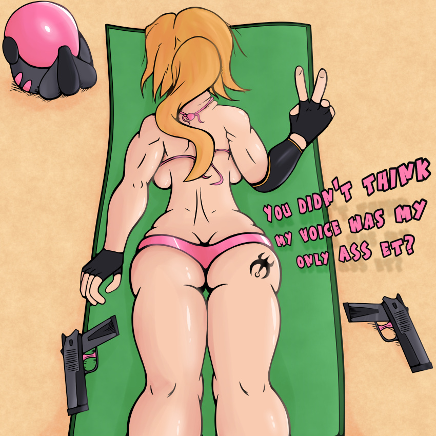 ass_cleavage atwistedsinner beach big_ass big_breasts bikini bikini_bottom bikini_top blonde_hair butt_crack fingerless_gloves gun huge_ass lying lying_on_stomach lyrebird peace_sign shiny_skin superheroine underboob