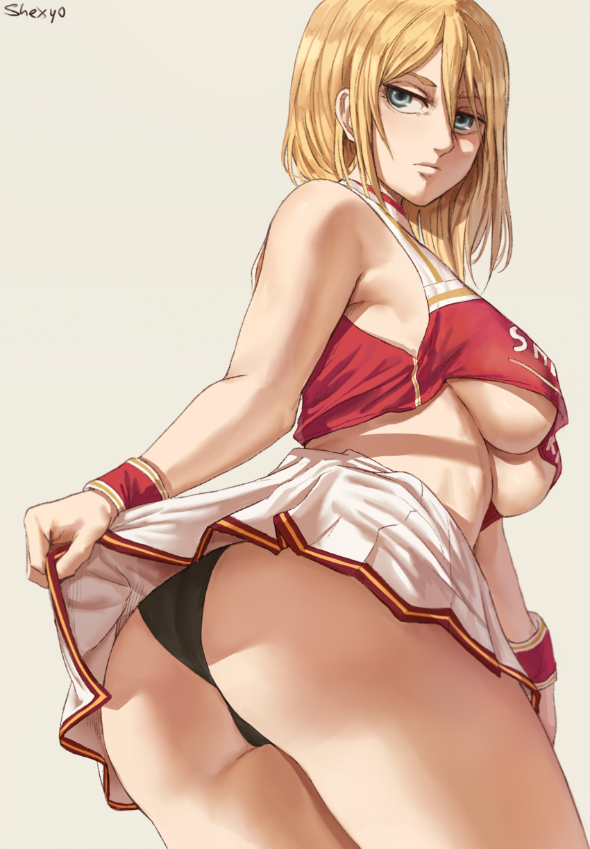 1girls alternate_universe attack_on_titan big_breasts black_panties blonde_hair blue_eyes breasts cheerleader cheerleader_uniform christa_lenz historia_reiss long_hair modern_au no_bra pantyshot queen_bee_historia shexyo skirt skirt_lift tagme viewed_from_below