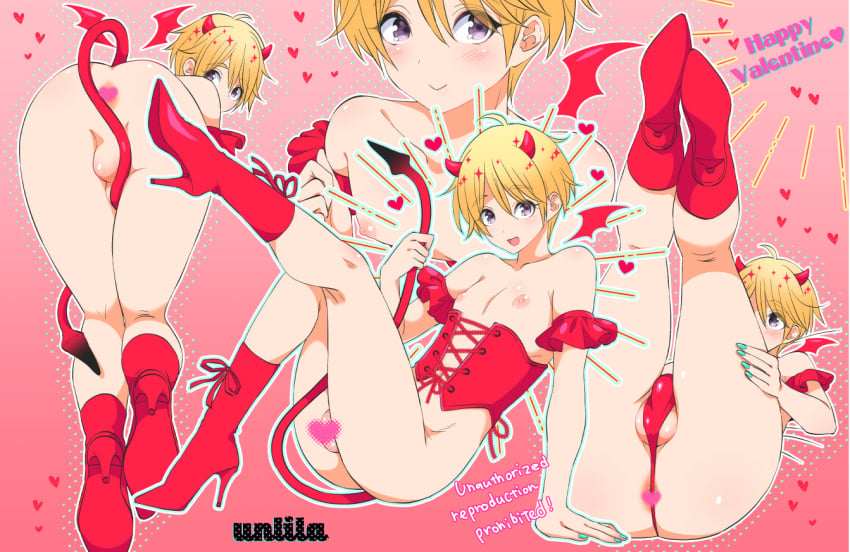 1boy anus ass ass_focus ass_hole asshole blonde_hair blush boots bulge butthole censored crossdressing demon_boy demon_tail femboy from_behind girly hachiya_(nagano_rira) heart heart_censor high_heel_boots high_heels horns leg_up legs_up looking_back male male_focus multiple_views nagano_rira nipples original otoko_no_ko penis purple_eyes shoe_soles short_hair smile tail testicle_peek testicles trap