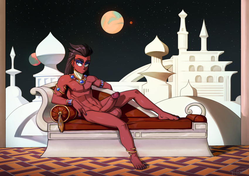 1boy anthro blue_eyes jewelry lapinbeau lying_on_sofa male_only martian night_sky red_skin