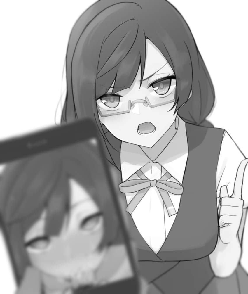 1boy 1girls blurry blurry_foreground blush collared_shirt commission depth_of_field fellatio greyscale head_tilt highres index_finger_raised juxtaposition looking_at_viewer love_live! love_live!_nijigasaki_high_school_idol_club monochrome nakagawa_nana nasuno_(nasuno42) neck_ribbon open_mouth oral phone_screen photo_(object) photo_comparison ribbon school_uniform semi-rimless_eyewear shirt simple_background skeb_commission under-rim_eyewear white_background wing_collar yuuki_setsuna_(love_live!)