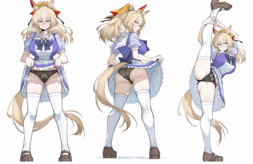 ai_generated ass black_panties blonde_hair blue_hair bowtie brown_footwear durandal_(umamusume) from_behind hand_on_own_leg horse_ears horse_tail huge_breasts lace_panties lifting_own_skirt looking_at_viewer multiple_views ponytail pubic_hair pubic_hair_peek purple_bowtie purple_shirt single_ear_cover standing_split tracen_school_uniform umamusume umamusume_pretty_derby white_hair white_shirt white_thighhighs